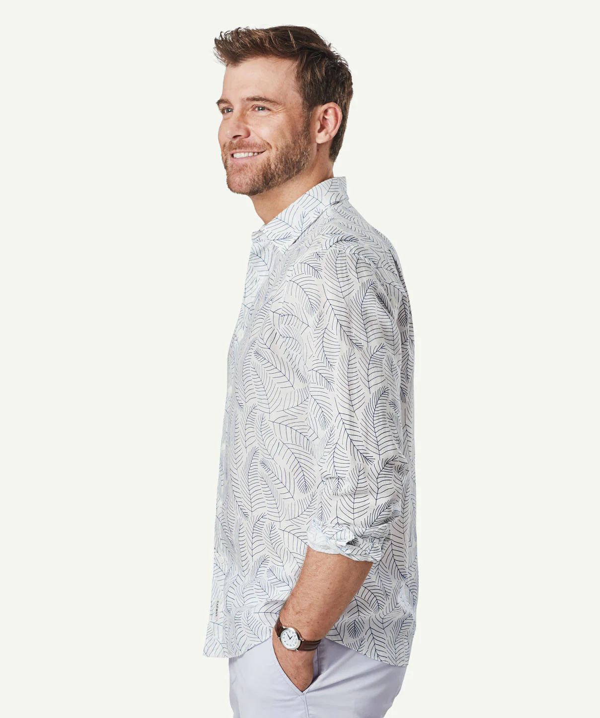 Linen Blend Fern Print Long Sleeve Shirt - White - Image 5